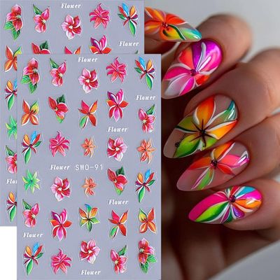 Flower Nail Art Stickers Decals Tropical Style Nail Decals 3PCS Self-Adhesive Colorful Floral Design Summer Nail Art Supplies for Women DIY Nail Decorations Nail Charms Accessories