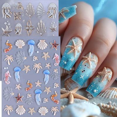 Summer Nail Stickers 5D Beach Shell Nail Decals Embossed Ocean Nail Art Stickers 2PCS Self-Adhesive Jellyfish Starfish Palm Tree Sea Shell Design Nail Art Supplies for Women Nail Decorations Charms