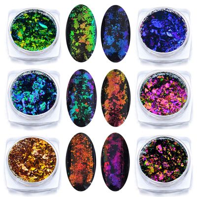 Iridescent Glitter Chameleon Nail Flakes Set Chrome Nail Powder Mirror Mermaid Effect Set 6 Jars (Dark Chameleon)