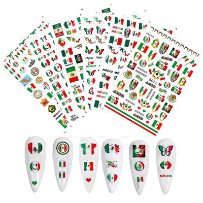 Mexican Flag Nail Decals - 3D Self Adhesive Nail Art Supplies - Mexico Flag Badge Heart Skull Butterfly Design Stickers for DIY Manicure Tips (6 Sheets)