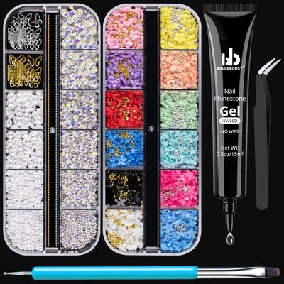 Nail Art Rhinestone Glue Gel&amp;2 Boxes 3D Charms Accessories Kit 1, 1 Pc of 15ml Rhinestone Glue(UV/LED Needed)3D Flowers Nail Decors Gems Crystal Pearls Bow Beads with Dual-End Brush Tool And Tweezer