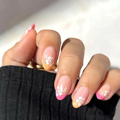 24pcs Pink Press On Nails - Short Almond White Flower Design with Cute Hibiscus Flowers, Full Cover, French Tip, Acrylic Finish for Women &amp; Girls - DIY Nail Decoration