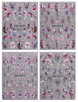 JMEOWIO 3D Embossed Flower Nail Art Stickers Decals Self-Adhesive 5D Spring Summer Floral Nail Supplies Nail Art Design Decoration Accessories 4 Sheets