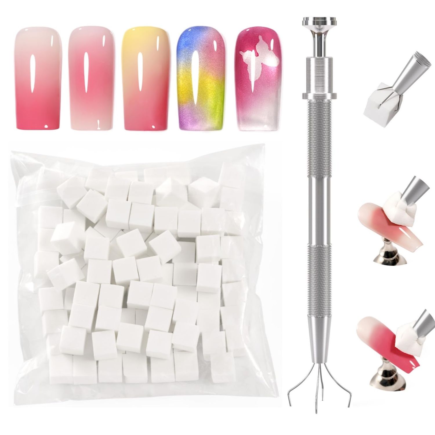 Gellen Nail Grabbing Pen and 100Pcs Soft Nail Sponges for Ombre Gel Pat Painting, White Nail Art Sponge with 4 Claws Metal Grabber, Aura Blooming Ombre Nail Brush Professional Manicure Nail Art Tools