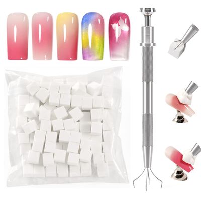 Gellen Nail Grabbing Pen and 100Pcs Soft Nail Sponges for Ombre Gel Pat Painting, White Nail Art Sponge with 4 Claws Metal Grabber, Aura Blooming Ombre Nail Brush Professional Manicure Nail Art Tools