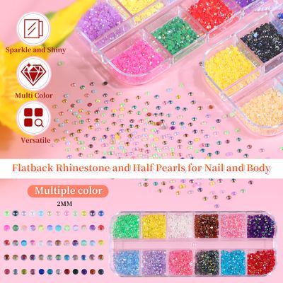 5 Boxes 13200pcs Sparkling Crystal Nail Rhinestones Pearls Kit, Flatback Multicolor Transparent Jelly AB Mermaid Gems with Pick Up Pen and Curved Tweezers for Manicure Salon & Craft DIY Designs (2mm)