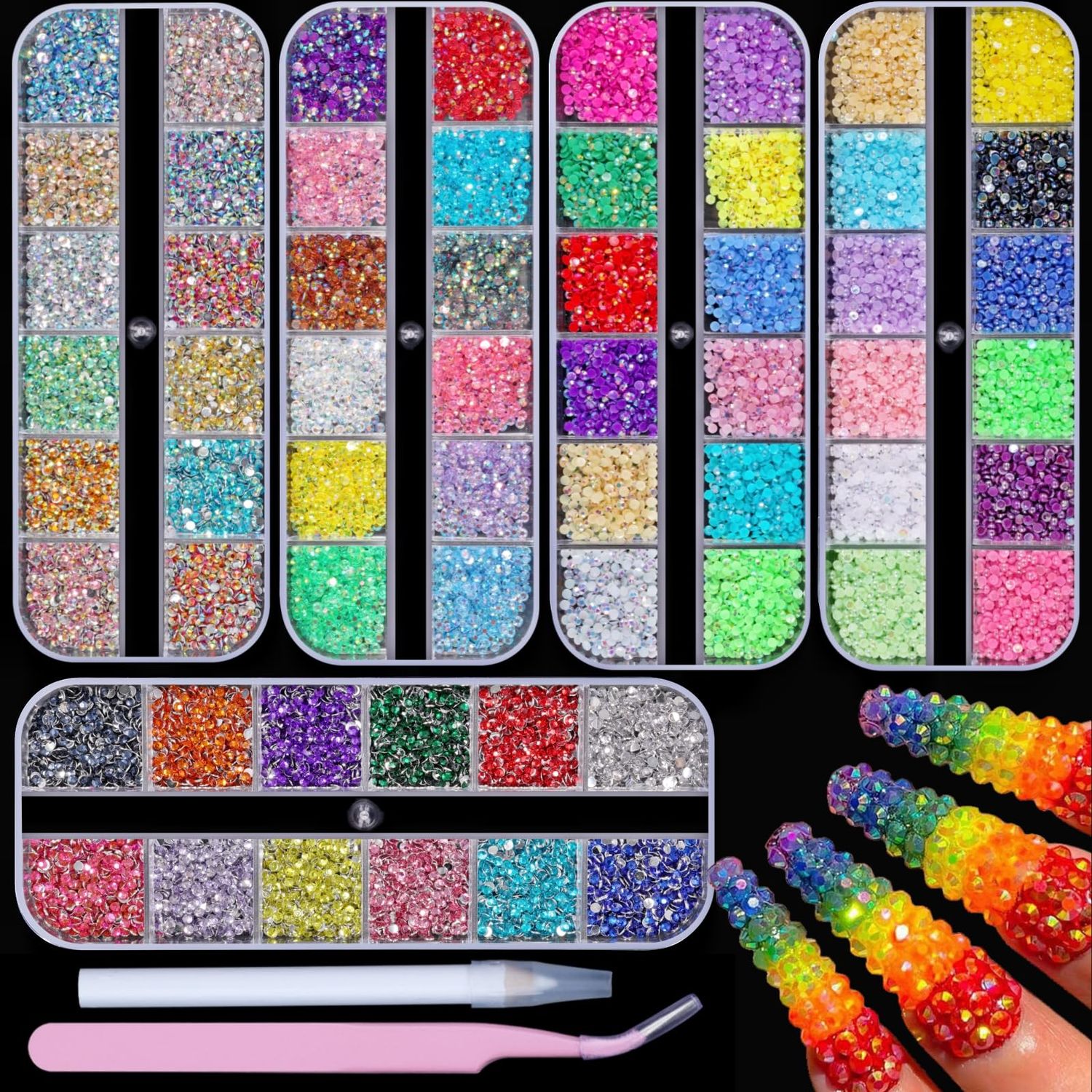 5 Boxes 13200pcs Sparkling Crystal Nail Rhinestones Pearls Kit, Flatback Multicolor Transparent Jelly AB Mermaid Gems with Pick Up Pen and Curved Tweezers for Manicure Salon &amp; Craft DIY Designs (2mm)