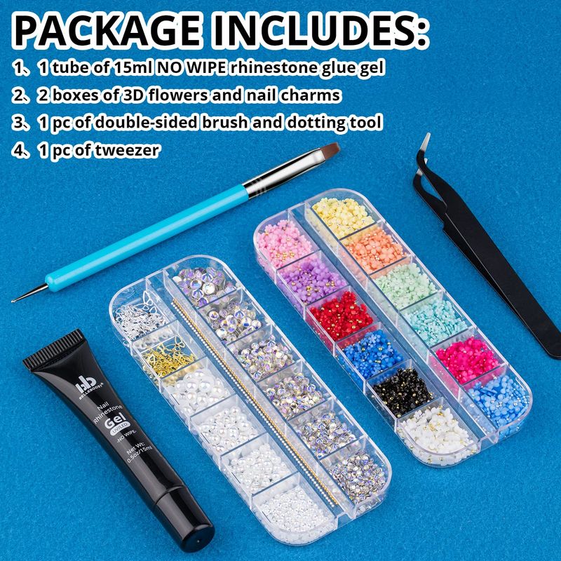 Nail Art Rhinestone Glue Gel&amp;2 Boxes 3D Charms Accessories Kit 1, 1 Pc of 15ml Rhinestone Glue(UV/LED Needed)3D Flowers Nail Decors Gems Crystal Pearls Bow Beads with Dual-End Brush Tool And Tweezer
