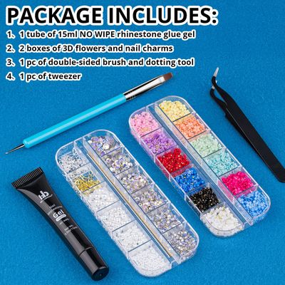 Nail Art Rhinestone Glue Gel&2 Boxes 3D Charms Accessories Kit 1, 1 Pc of 15ml Rhinestone Glue(UV/LED Needed)3D Flowers Nail Decors Gems Crystal Pearls Bow Beads with Dual-End Brush Tool And Tweezer