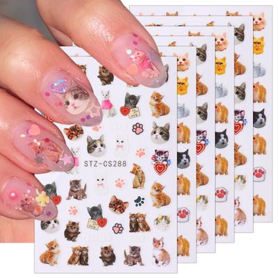 6 Sheets Cute Cat Nail Stickers 3D Self-Adhesive Cartoon Animal Cats Paw Nail Decals Real Lovely Cat Nail Art Stickers Holographic Cartoon Nail Decoration for Women Girls Manicure Art Supplies