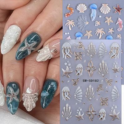 Summer Nail Stickers 5D Beach Shell Nail Decals Embossed Ocean Nail Art Stickers 2PCS Self-Adhesive Jellyfish Starfish Palm Tree Sea Shell Design Nail Art Supplies for Women Nail Decorations Charms