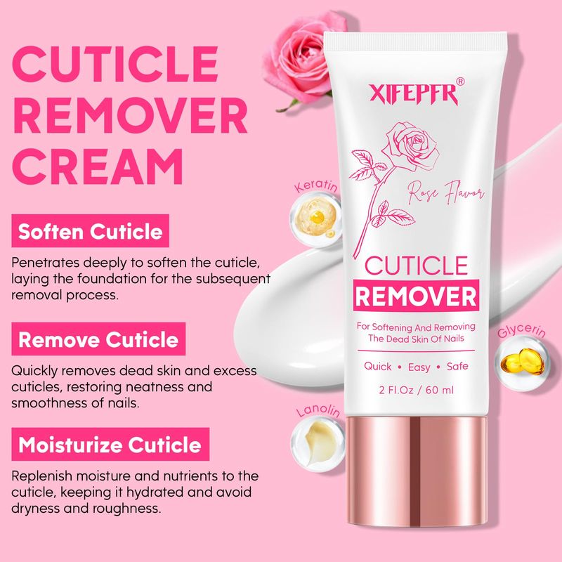 XIFEPFR Cuticle Remover Kit - Cuticle Remover Cream &amp; Cuticle Oil, Rose Flavor Cuticle Care Kit with Cuticle Trimmer Cuticle Pusher Cuticle Nipper for Manicure, Removedor de Cuticula for Nail Care