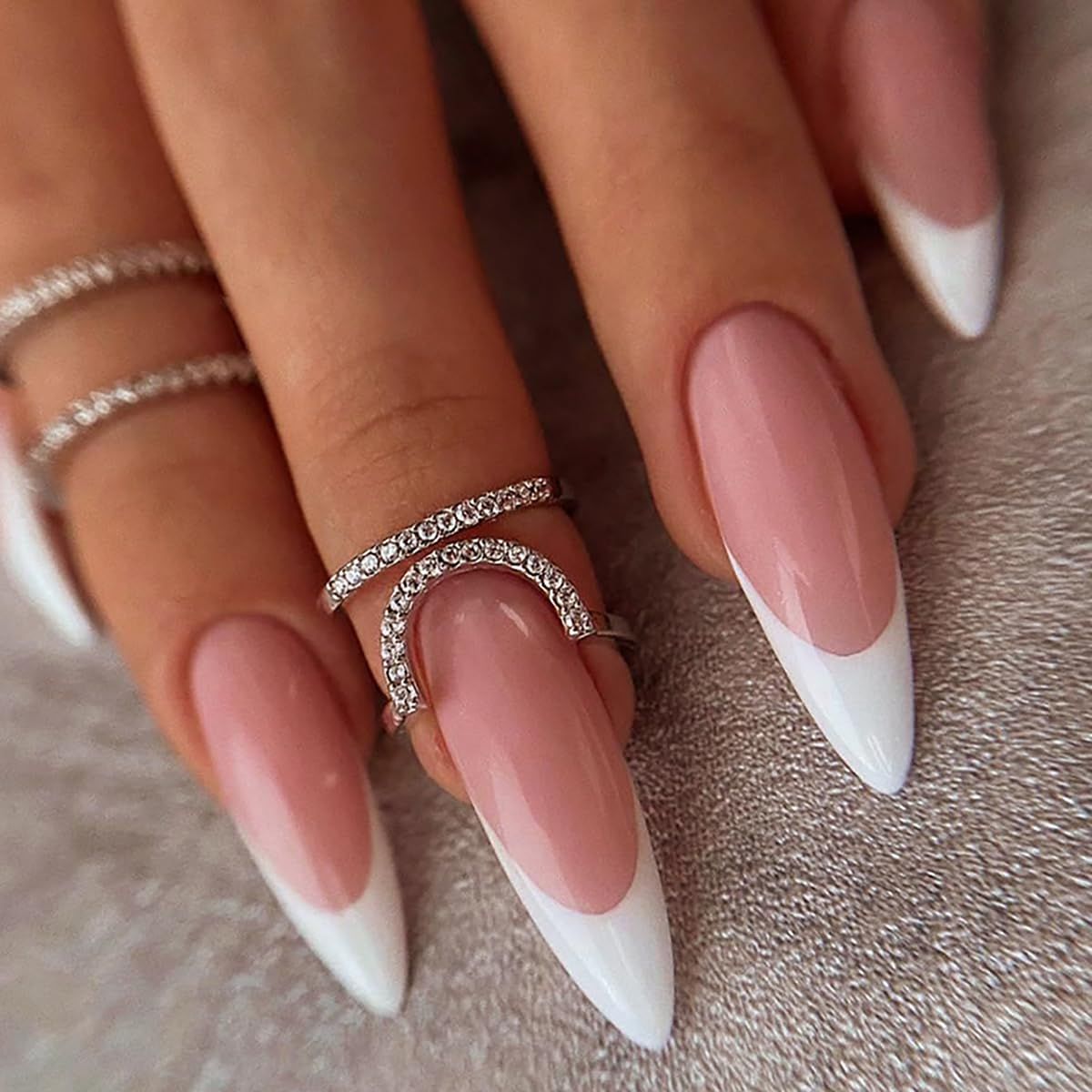 24 Pcs Pink Stiletto Press on Nails Long Fake Nails White French Tip False Nails Kit Artificial Acrylic Nails Press ons Long Almond Shape Nails Reusable Full Cover Stick on Nails for Women Girls