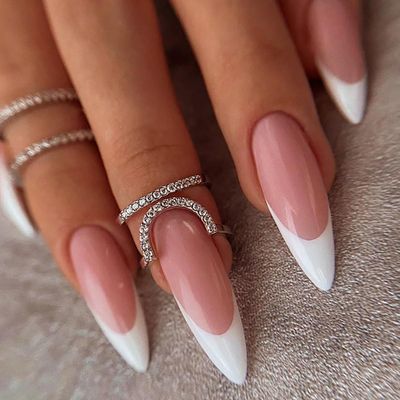 24 Pcs Pink Stiletto Press on Nails Long Fake Nails White French Tip False Nails Kit Artificial Acrylic Nails Press ons Long Almond Shape Nails Reusable Full Cover Stick on Nails for Women Girls