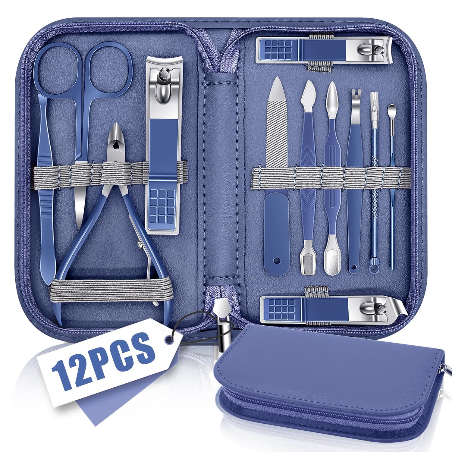 Manicure Set Professional Nail Clippers Pedicure Kit, 12 Pcs Stainless Steel Nail Care Tools Grooming Kit with Luxurious Travel Leather Case for Men Women Gift (Blue)