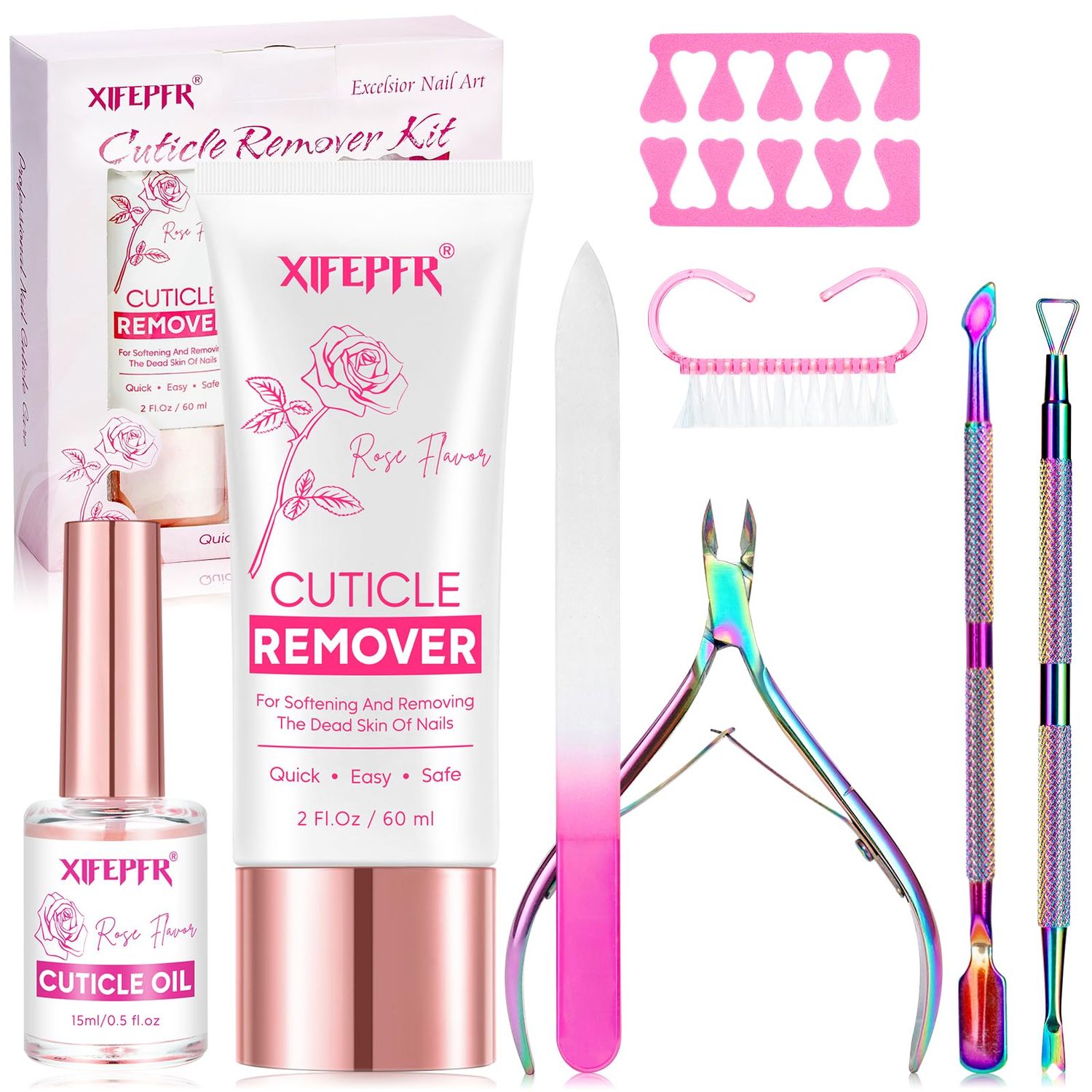 XIFEPFR Cuticle Remover Kit - Cuticle Remover Cream &amp; Cuticle Oil, Rose Flavor Cuticle Care Kit with Cuticle Trimmer Cuticle Pusher Cuticle Nipper for Manicure, Removedor de Cuticula for Nail Care