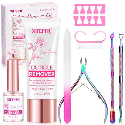 XIFEPFR Cuticle Remover Kit - Cuticle Remover Cream &amp; Cuticle Oil, Rose Flavor Cuticle Care Kit with Cuticle Trimmer Cuticle Pusher Cuticle Nipper for Manicure, Removedor de Cuticula for Nail Care