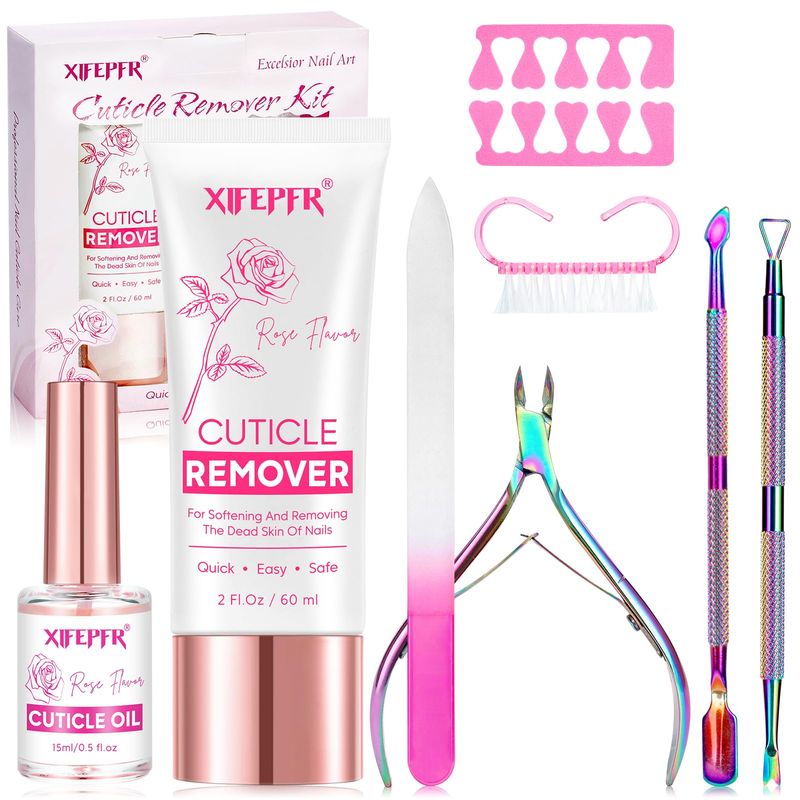 XIFEPFR Cuticle Remover Kit - Cuticle Remover Cream &amp; Cuticle Oil, Rose Flavor Cuticle Care Kit with Cuticle Trimmer Cuticle Pusher Cuticle Nipper for Manicure, Removedor de Cuticula for Nail Care