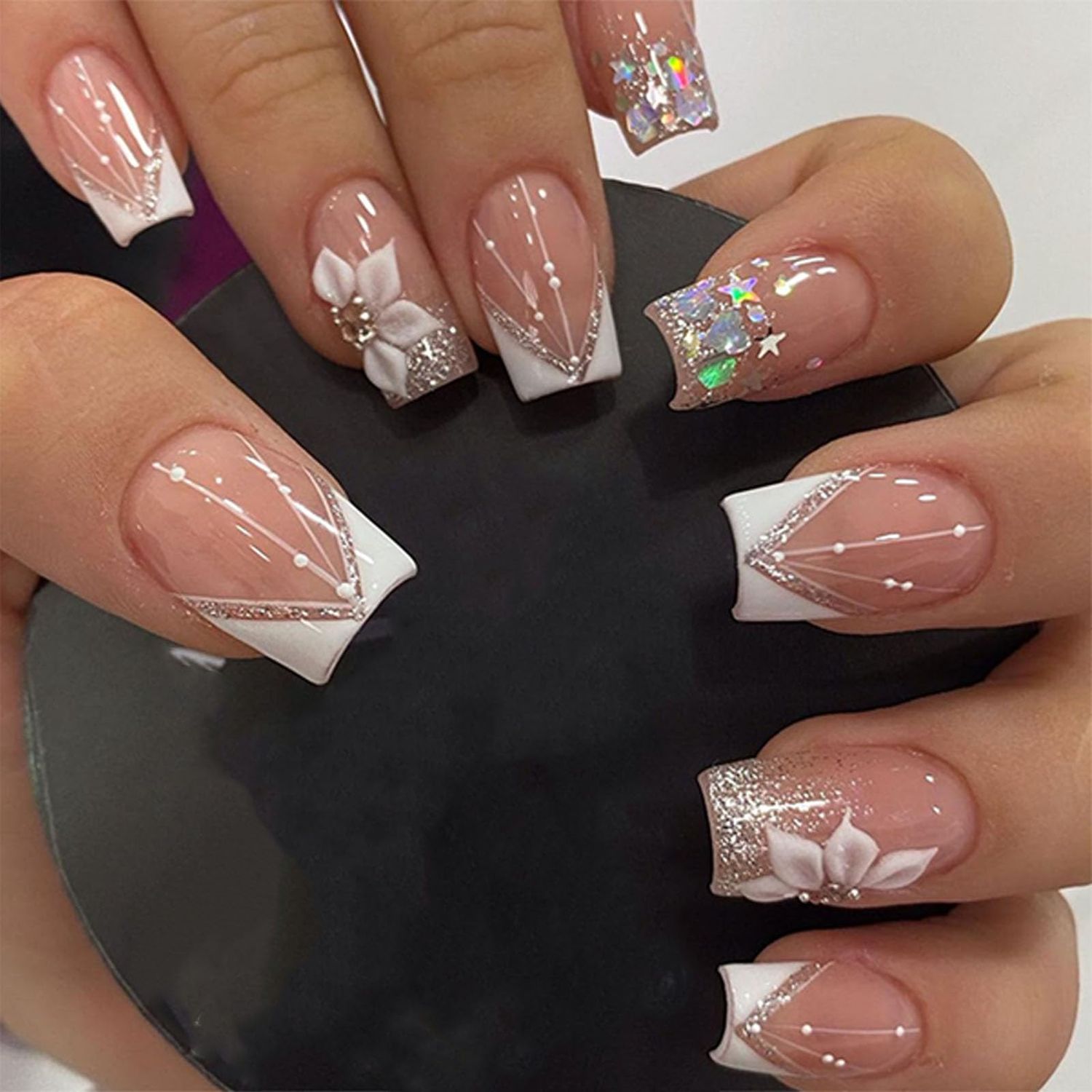 IMRAIN Press-on Nails: White French Tips, Glossy False Nails, Bling Glitter, Full Cover Flower Design, Gel Glue on, Acrylic Nails for Women &amp; Girls