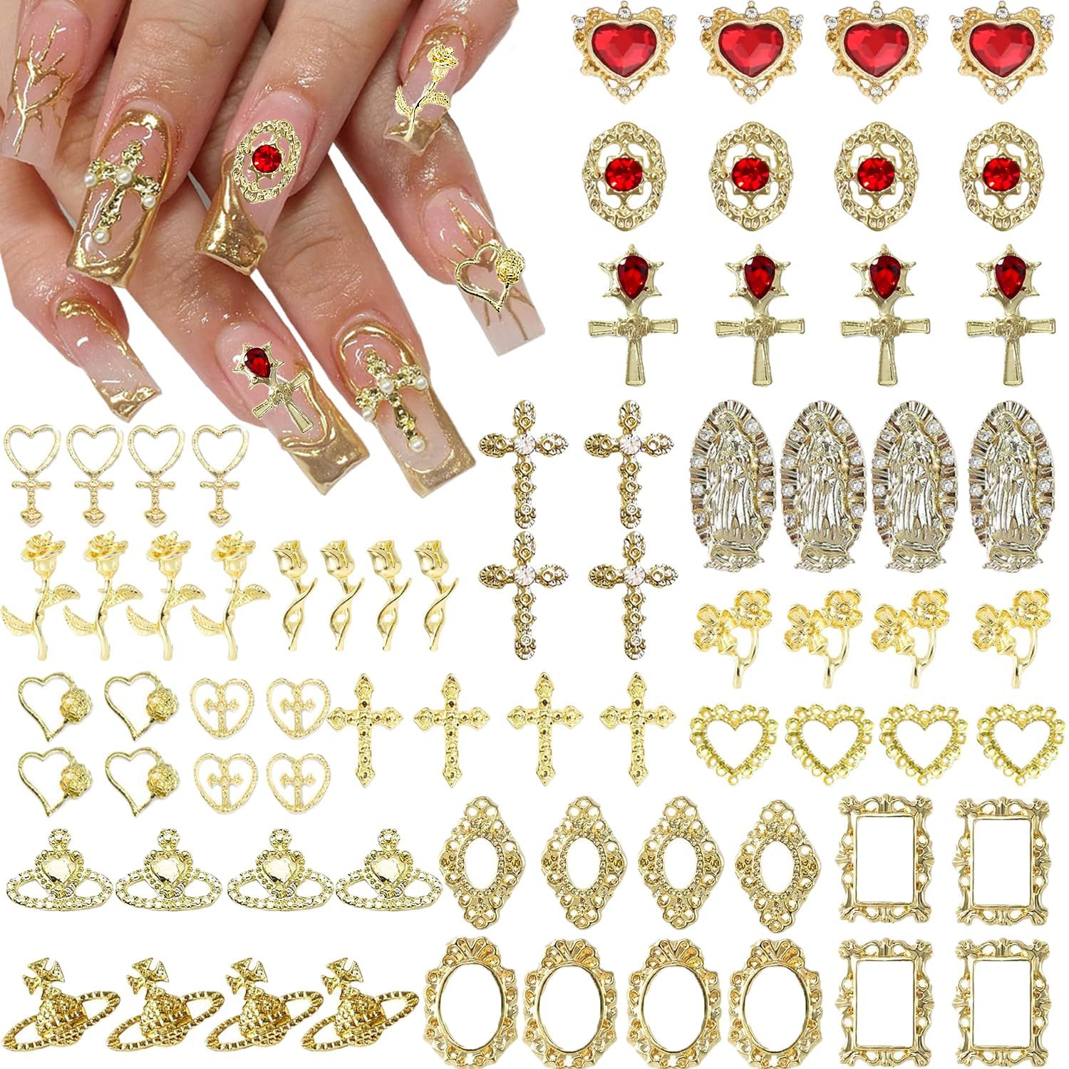 KACHIMOO 72pc Y2K Nail Art Charms - Gold Cross, Heart, Rose &amp; Virgin Mary Metal Gems in Chrome Finish