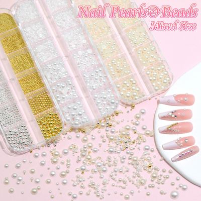 RODAKY Nail Art Pearls (White&Beige) Metal Nail Beads (Gold&Silver) Mixed Size Flaback Pearl Nail Charms Small Round Caviar Bead Nail Accessories Manicure Design