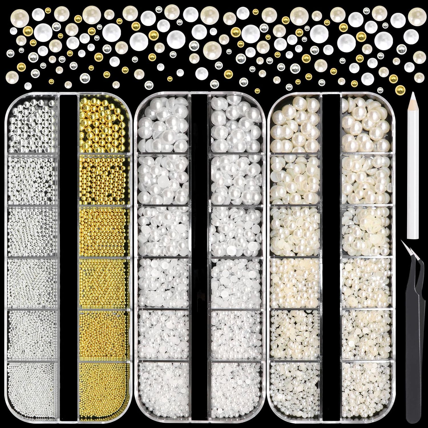RODAKY Nail Art Pearls (White&amp;Beige) Metal Nail Beads (Gold&amp;Silver) Mixed Size Flaback Pearl Nail Charms Small Round Caviar Bead Nail Accessories Manicure Design