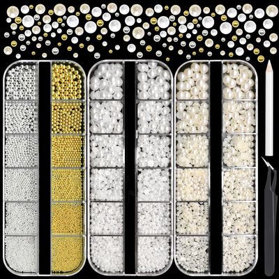 RODAKY Nail Art Pearls (White&amp;Beige) Metal Nail Beads (Gold&amp;Silver) Mixed Size Flaback Pearl Nail Charms Small Round Caviar Bead Nail Accessories Manicure Design