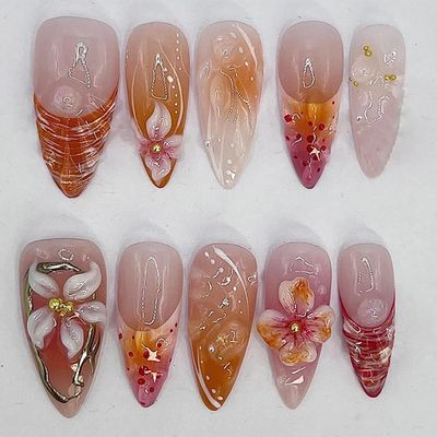 French Tip Press On Nails Almond Shape Short Spring Nails Press On 3D Gradient Orange Fake Nails with Designs Floral Flower False Nails Almond Glue On Nails Glossy Full Cover Acrylic Nail DIY Manicure