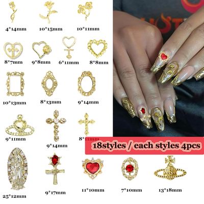 KACHIMOO 72pc Y2K Nail Art Charms - Gold Cross, Heart, Rose &amp; Virgin Mary Metal Gems in Chrome Finish