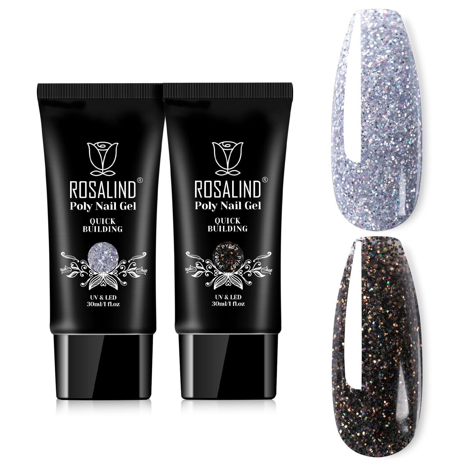 ROSALIND Glitter Black&amp;Silver Extension Gel, 2 PCS 30ml Glitter Black Silver Poly Nail Gel kit Diamond Nail Builder for Nail Art, Nail Thickening Poly Nail Gel Tube Need UV Lamp
