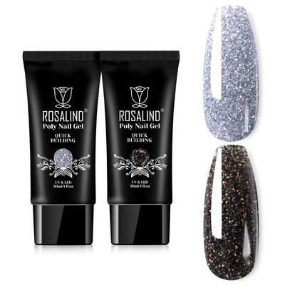 ROSALIND Glitter Black&amp;Silver Extension Gel, 2 PCS 30ml Glitter Black Silver Poly Nail Gel kit Diamond Nail Builder for Nail Art, Nail Thickening Poly Nail Gel Tube Need UV Lamp