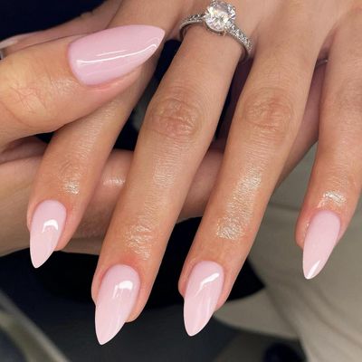 Nude Pink Glossy Press on Nails Almond,KXAMELIE Glue on Nails Medium Length Almond Shaped,Fake Nails Stick on Nails for Women and Girls Daily Wear in 24PCS