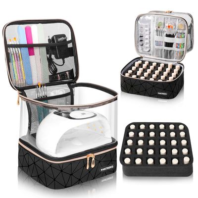 Partreko Clear Nail Polish Organizer Holds 30 Bottles (15ml/0.5fl.oz)&amp; Nail Lamp, Double Layer Nail Supplies Organizer Case Transplant, PU Leather Nail kit Storage Bag for Manicure Tools (Black)