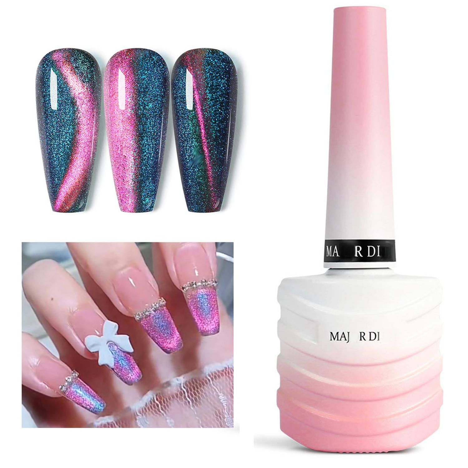 ASMAYSA Colorful Holographic Cat Eye Nail Polish, Rainbow Cat Eye Glitter for Women &amp; Girls, Reflective Sparkly Purple Blue Gel UV Nail Polish, 15ML