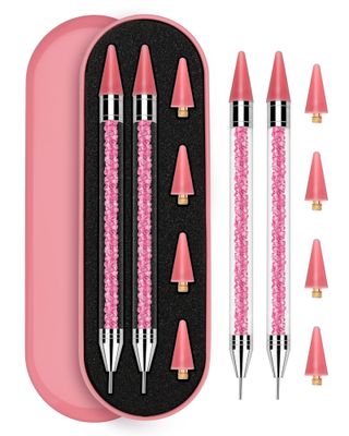 Rolybag Rhinestone Picker Tool, 2PCS Rhinestone Applicator Tool Dotting Wax Pen Dual-Ended with 4PCS Replaceable Wax Tips for DIY Nail Art Tool (Pink)