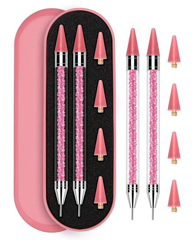 Rolybag Rhinestone Picker Tool, 2PCS Rhinestone Applicator Tool Dotting Wax Pen Dual-Ended with 4PCS Replaceable Wax Tips for DIY Nail Art Tool (Pink)