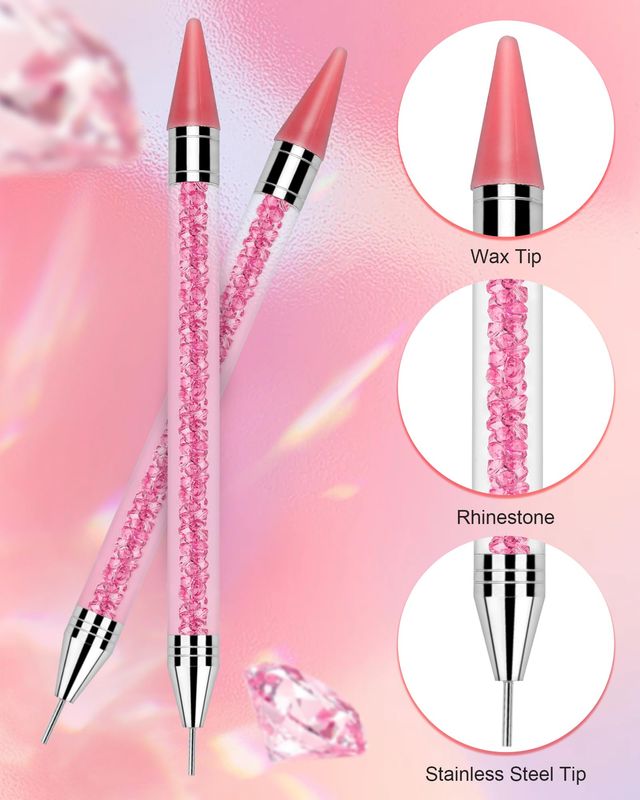 Rolybag Rhinestone Picker Tool, 2PCS Rhinestone Applicator Tool Dotting Wax Pen Dual-Ended with 4PCS Replaceable Wax Tips for DIY Nail Art Tool (Pink)