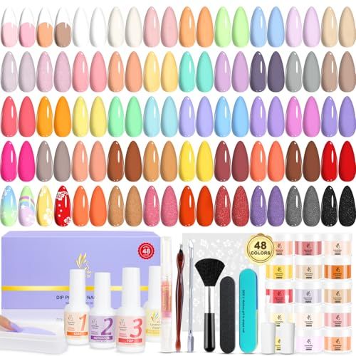 Lavender Violets 62 Pcs Dip Powder Nail Kit Starter, 48 Colors Nude Pink Brown Red Green Blue Purple Glitter with Dip Powder Liquid Set and Essential Manicure Tools for Nail Art Designs G902