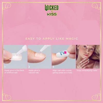 WICKED X KISS Press On Nails, Thrillifying!, Green, Medium Almond, Waterproof, Chip Proof, Smudge Proof, 28 Fake Nails, Pink Gel Nail Glue (2g), Mini Nail File, &amp; Manicure Stick