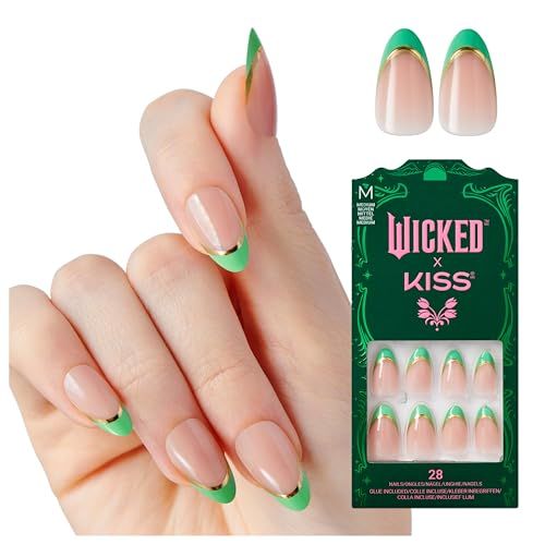 WICKED X KISS Press On Nails, Thrillifying!, Green, Medium Almond, Waterproof, Chip Proof, Smudge Proof, 28 Fake Nails, Pink Gel Nail Glue (2g), Mini Nail File, &amp; Manicure Stick