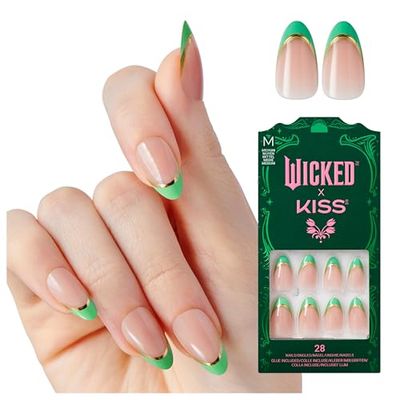 WICKED X KISS Press On Nails, Thrillifying!, Green, Medium Almond, Waterproof, Chip Proof, Smudge Proof, 28 Fake Nails, Pink Gel Nail Glue (2g), Mini Nail File, &amp; Manicure Stick