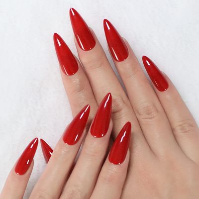 iBeautying Press on Nails - Chinese Red Solid Color False Nails | Stiletto Long Reusable Fake Nails in 10 Sizes - 24 Nail Kit with Jelly Glue Pad