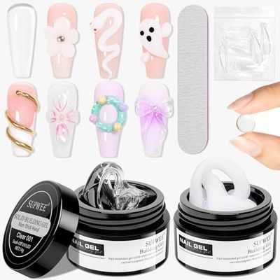 SUPWEE 3D Nail Art Gel Clear and White Solid Builder Gel for Nails Non-Stick Hand Sculpture Hard Gel with Dual Form for Carving Patterns Decoration Nail Art Home Manicure DIY for Women