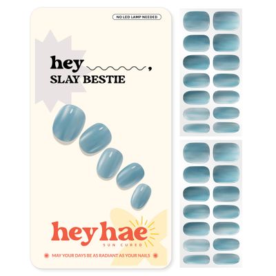 Heyhae Semi Cured Gel Nail Strips | No LED Lamp Needed | Solid, Blue | Easy Apply &amp; Remove, Salon Quality | Includes 28 Strips, 1 Prep Pads, Nail File &amp; Wooden stick - Hey, Slay Bestie