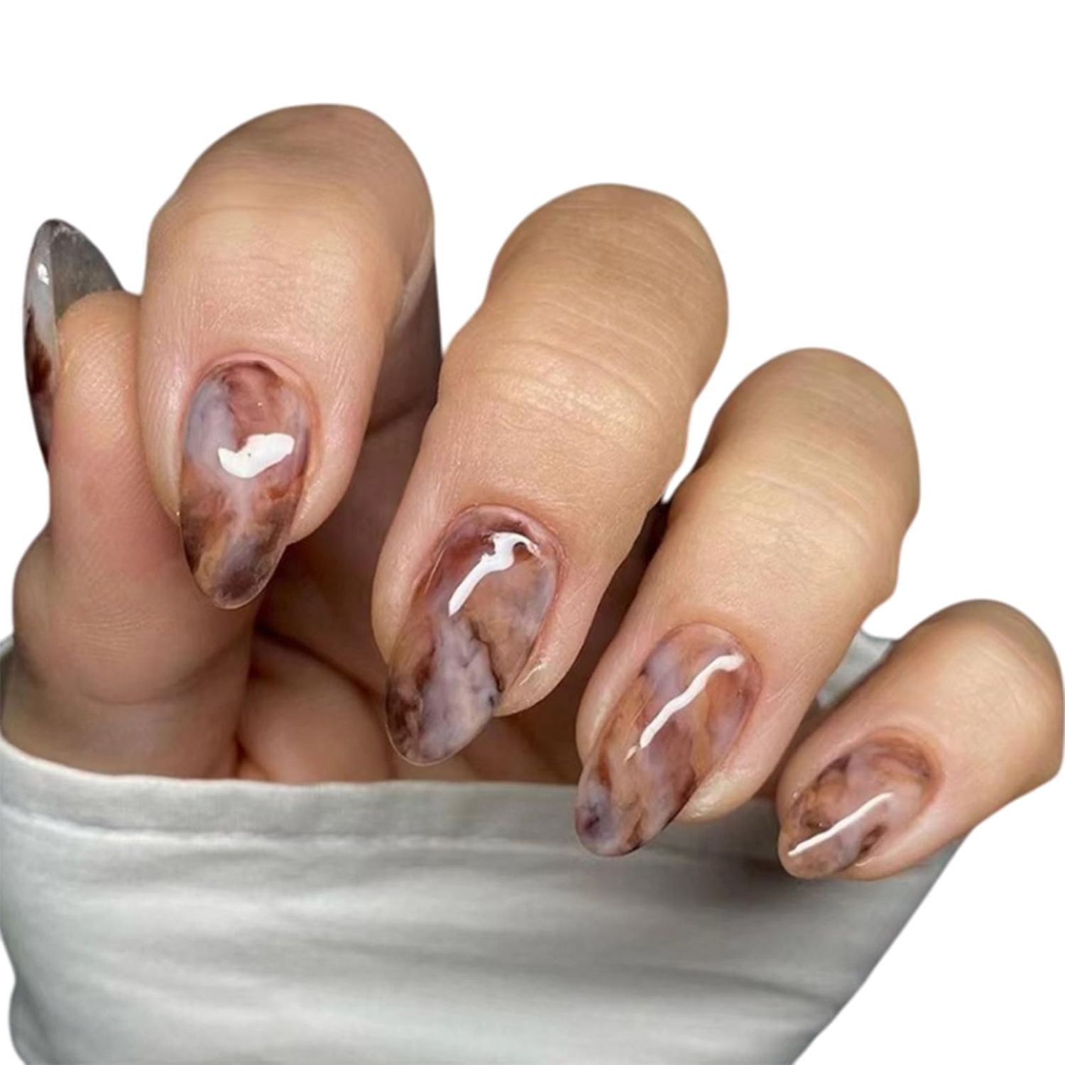 24Pcs Almond Press on Nails Short Oval Fake Nails Brown Marble Designs False Nails Press ons Ombre Marble Glue on Nails Acrylic Full Cover Nails Cute Artificial Stick on Nails for Women Girls Manicure