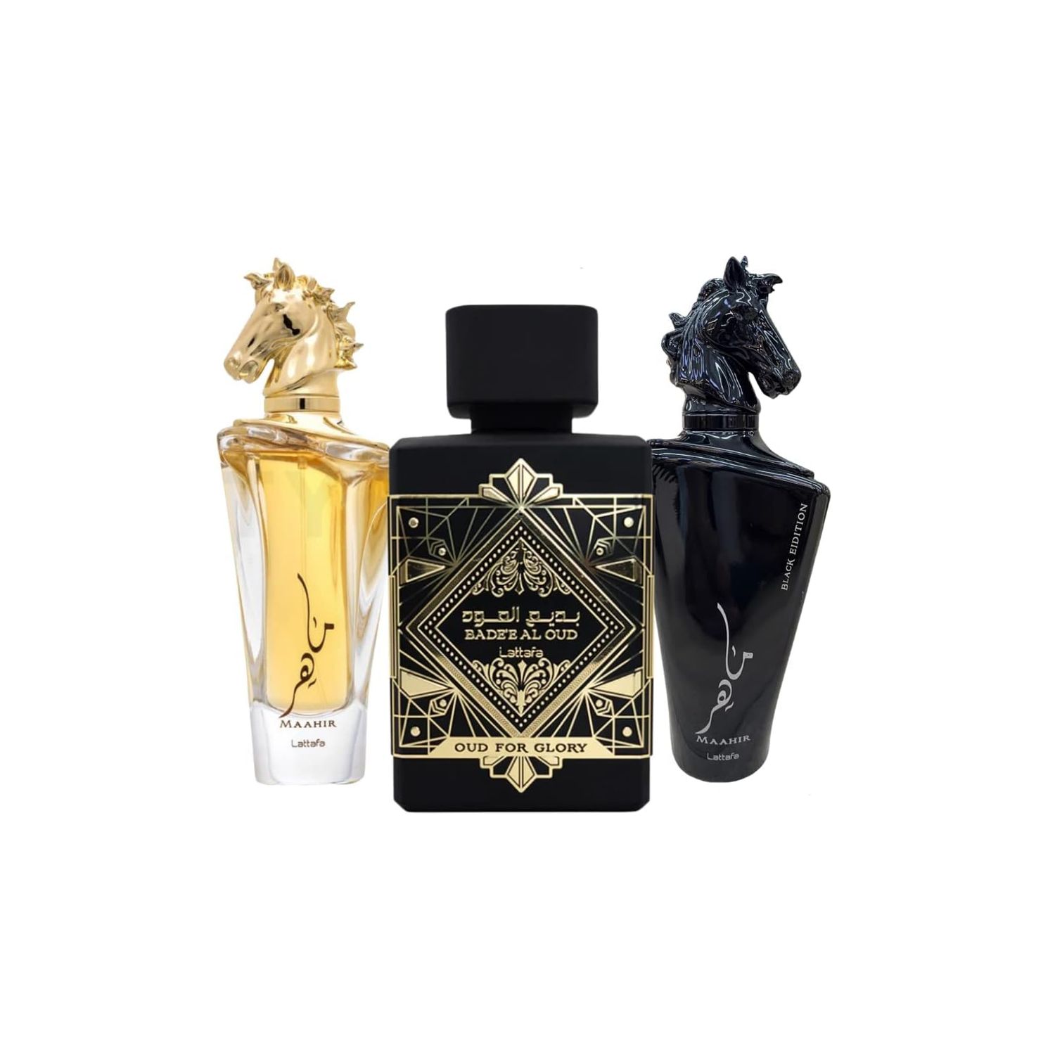Lattafa for Unisex 3 Piece Eau de Parfum Gift Set (Badee Al Oud Oud for Glory Maahir Maahir Black Edition for Men) 3.4 Ounce/100 ml each