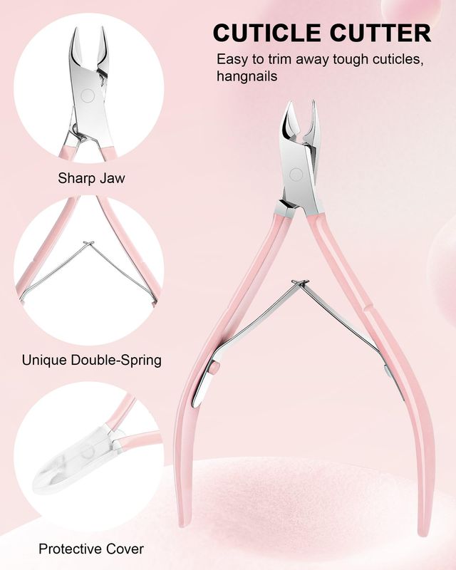 Cuticle Trimmer with Cuticle Pusher and Nail Clipper - 4 PCS Cuticle Cutter Nipper Remover Pedicure Manicure Tools, Professional Stainless Steel Dead Skin Clipper for Fingernails Toenails Pink