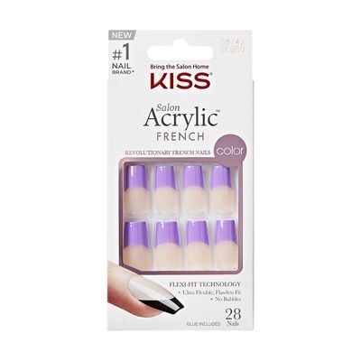 KISS Acrylic French False Nails Kit, Long Square Shape Design Nail, Purple Color French Tip Nails, Ready to Wear Gel &amp; Manicure Stick included, Long-Lasting Convenient &amp; Easy to Apply