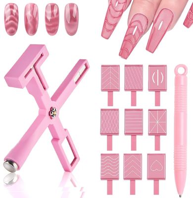 11PCS Cat Eye Gel Nail Polish Tools Set, Nail Art Magnet Tool Set For Cat Eye Nail Polish, 5 in 1 Nail Magnet Tool, 9PCS Stripe Magnet Plates and Magnet Pen for Nail Art Nail Salon or DIY (Pink)