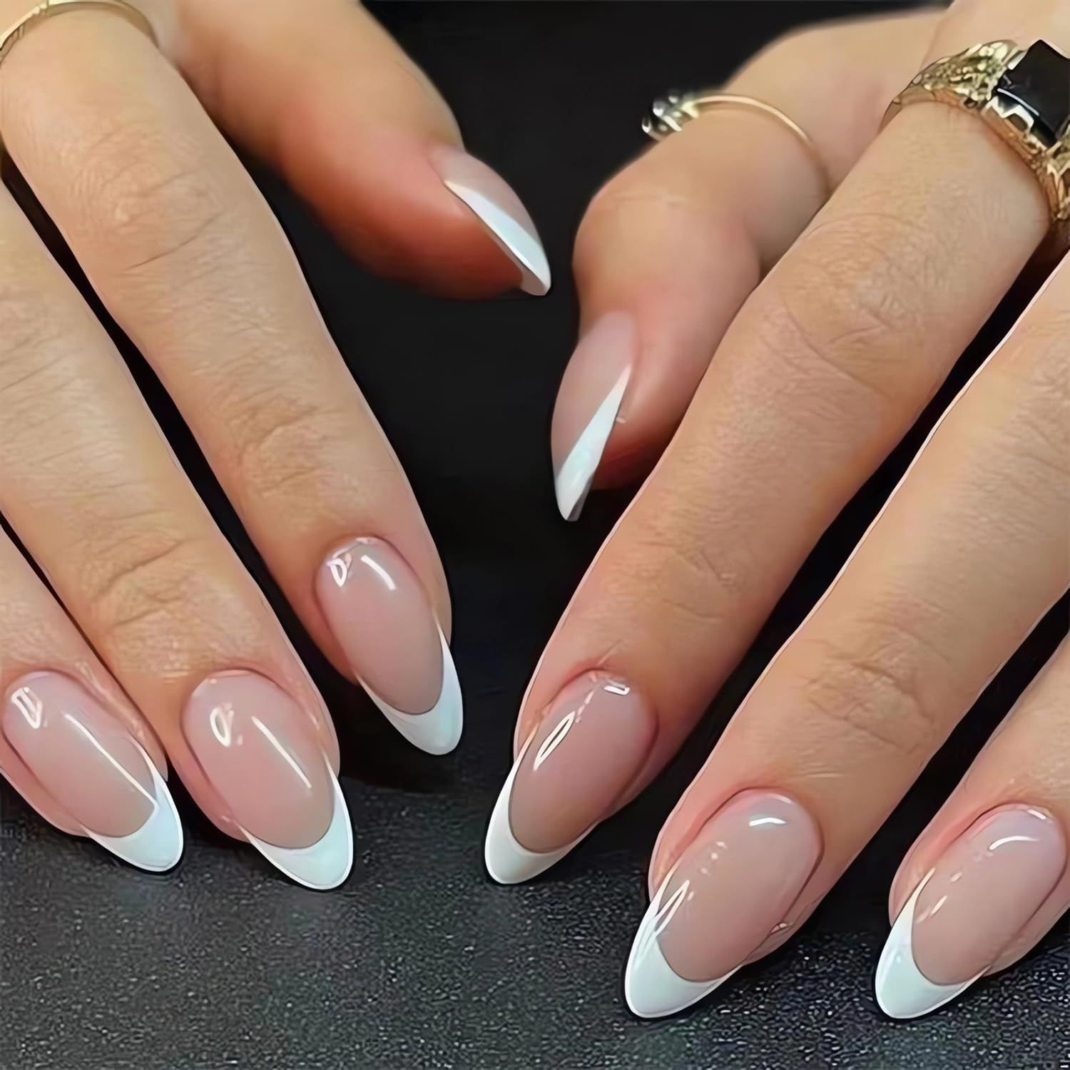 Almond French Tip Press on Nails Medium Length Fake Nails White French False Nail Tips Stick on Artificial Nails Glossy Full Cover Glue on Nails Medium False Nails with Designs for Women 24pcs